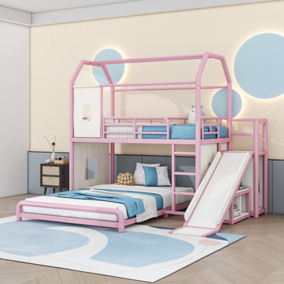 Lit superposé en métal avec glissade, bande lumineuse à DEL, tablettes et garde-robe ouverte
