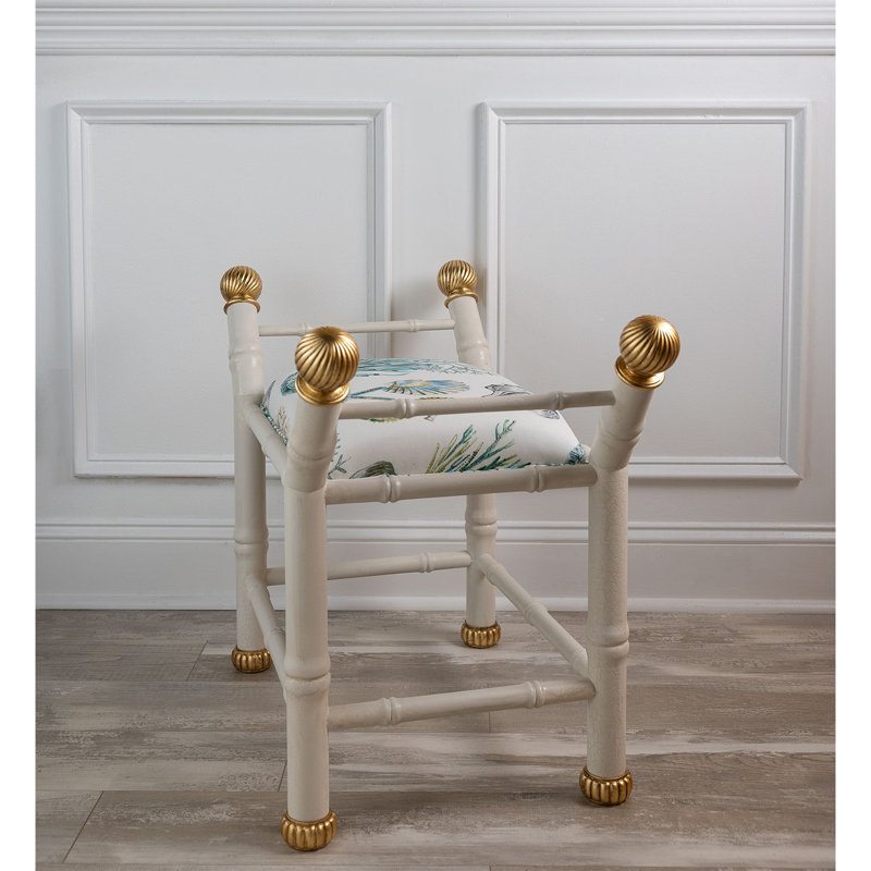 Boca Upholstered Entryway Bench, White/Gold/Blue