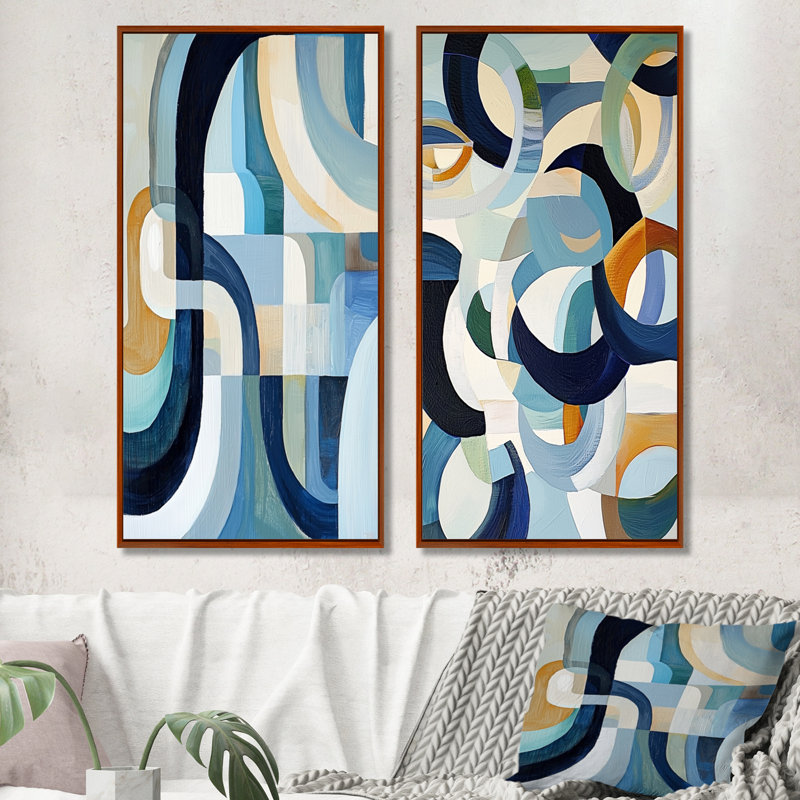 Cubist Blue Reality V - géométrique, décoration murale, art abstrait moderne 2 pièces, H 32 po x l 32 po, Cadre flottant brun