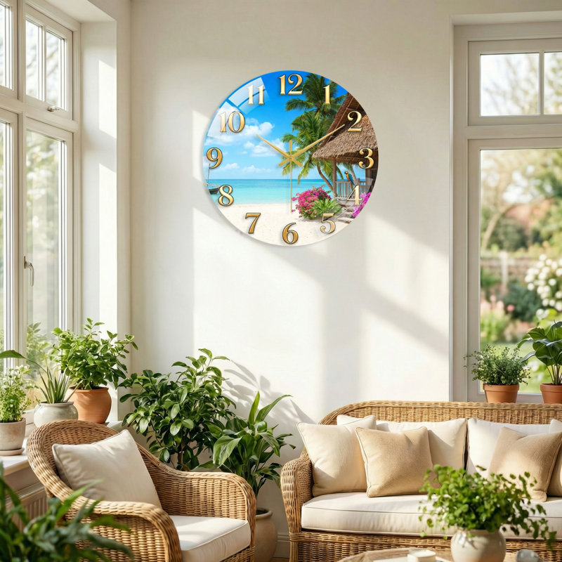 "Tropical Beach", horloge murale en verre, 40 x 40 cm (15,7 x 15,7 pouces)