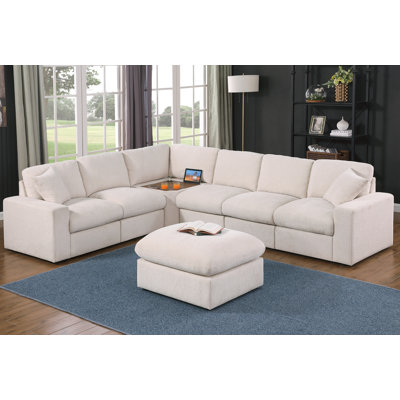 Phalangere Corner Sectional Sofa With Table Cupholder Console And Ottoman