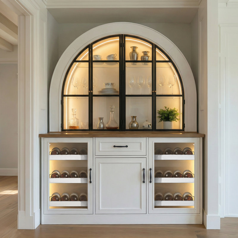 63" Wide Arched Buffet & Hutch with LED Lighting, Wine Storage and Display Cabinets