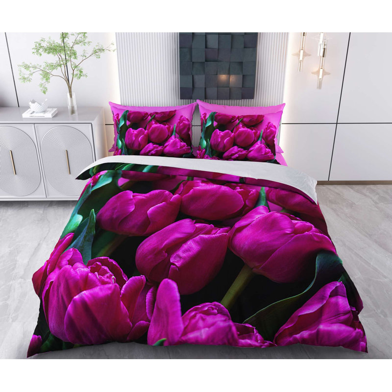 Ensemble de housse de couette, Housse de couette pour lit simple + 1 taie d'oreil, Floral vert / mauve