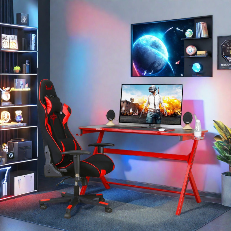 Inbox Zero 48in R-Shaped Gaming Desk with Mouse Pad, Black/Red