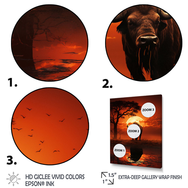 Red Red Buffalo Silhouette Serenade - Reproduction d'art sur toile, H 20 po x l 12 po x P 1 po, Cadre naturel flottant