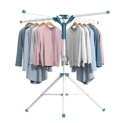 Tripod Clothes Drying Rack Folding, Portable Drying Rack Clothing and Height-Adjustable, Space Saving Laundry Drying Rack with 20 Clips, (Blue)