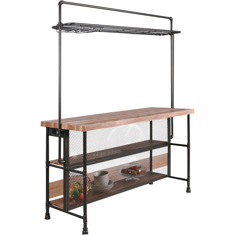 Rustic Sand Black And Natural Tone Metal Bar Height Table With Stemware Rack