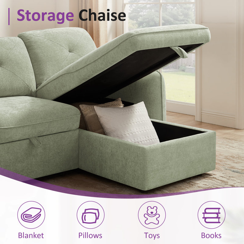 90.9'' L-Shaped Pull-Out Sofa Bed, Green Polyester