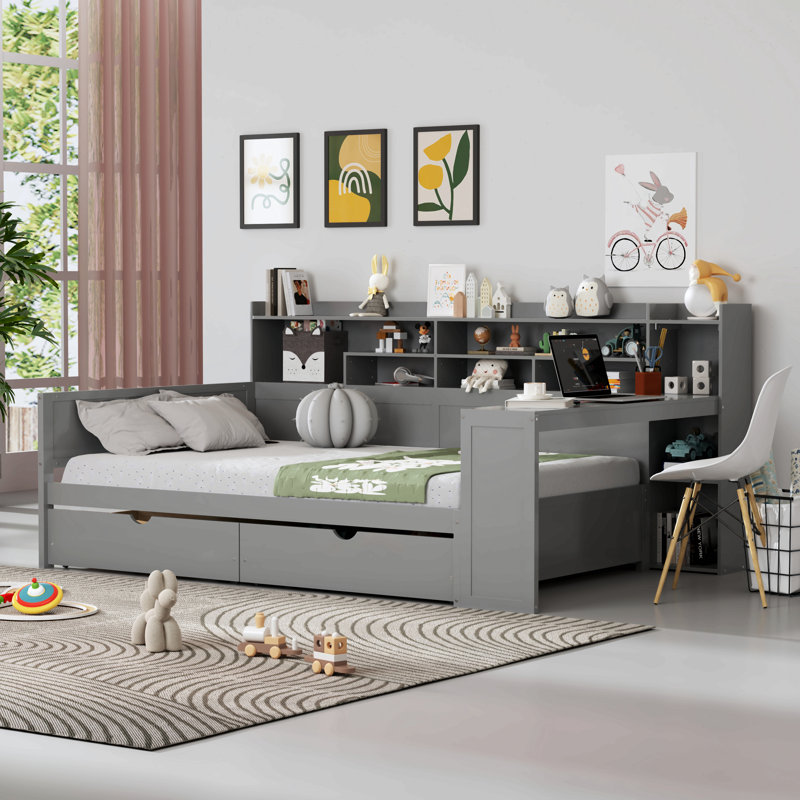 Lit de jour en bois avec tablettes de rangement, lit multifonctionnel avec deux tiroirs de rangement et bureau d'étude, Gris
