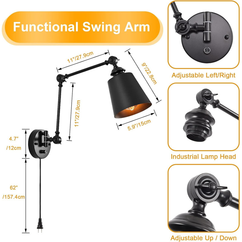 Dimmable Swing Arm Plug In Wall Lamps Set Of 2, Plug-in Wall Sconce With Dimmer Switch Cord, Matte Black Metal Industrial Reading Light Fixture Wall Mounted For Bedside Bedroom Living Room