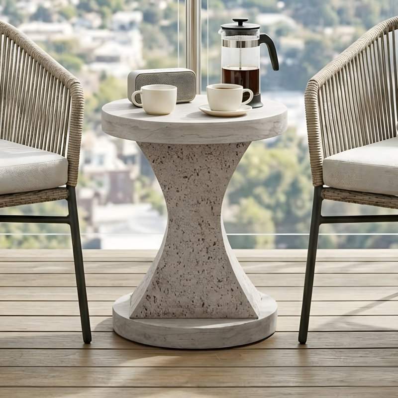17.5" Hourglass Pedestal End Table – Lightweight Stone, Fully Assembled for Indoor & Outdoor Use, Ivory Travertine