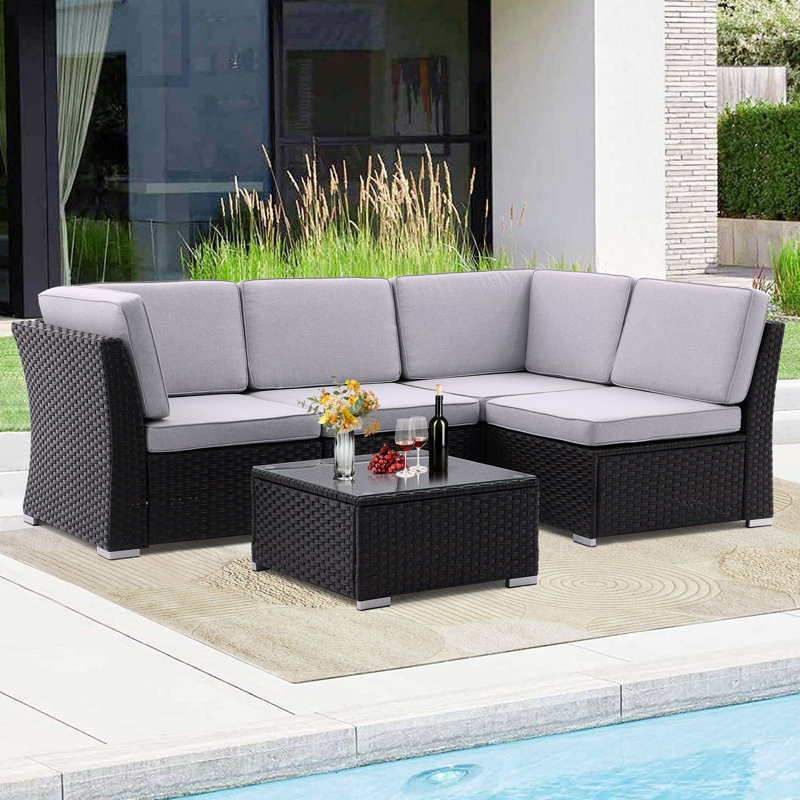 Ensemble de conversation d'extérieur 4 personnes avec coussins Branchon, Gris