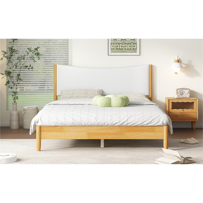 Queen Size Solid Rubber Wood Bed with Boucle Upholstered Headboard & Support Feet, Beech White