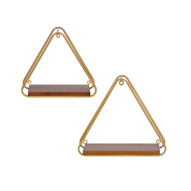 Ensemble de 2 tablettes décoratives triangulaires, Brun noyer / or