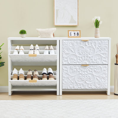 16 Pair Shoe Storage Cabinet With 2 Flip Drawers