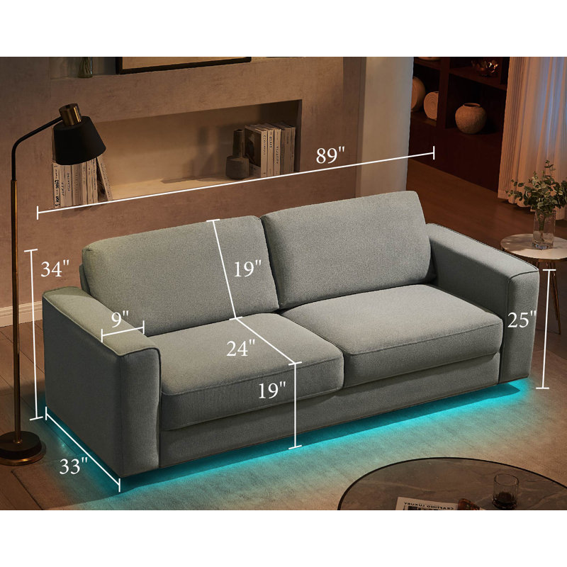 Modern Sofa, 89 inch 3 Seater Sofa with LED light, Floating Oversized Sofa for Living Room, Grey Linen