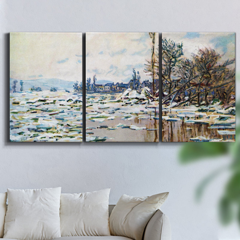 "La seine à Lavacourt, effet de neige", 1879 sur toile, 3 pièces, H 27 po x l 54 po x P 2 po