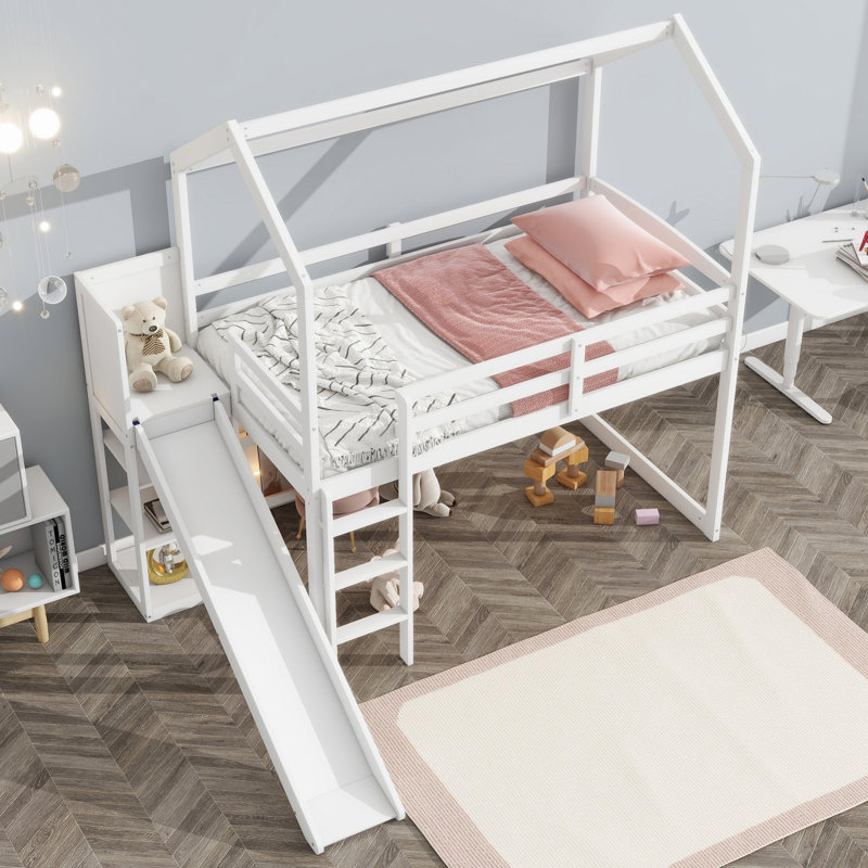 Lit mezzanine en forme de maison avec glissoire, tablettes de rangement et lumière, Blanc