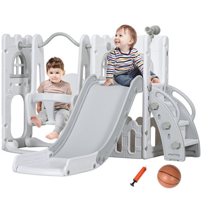 6-in-1 Slide and Swing Set with Basketball Hoop, Climber
