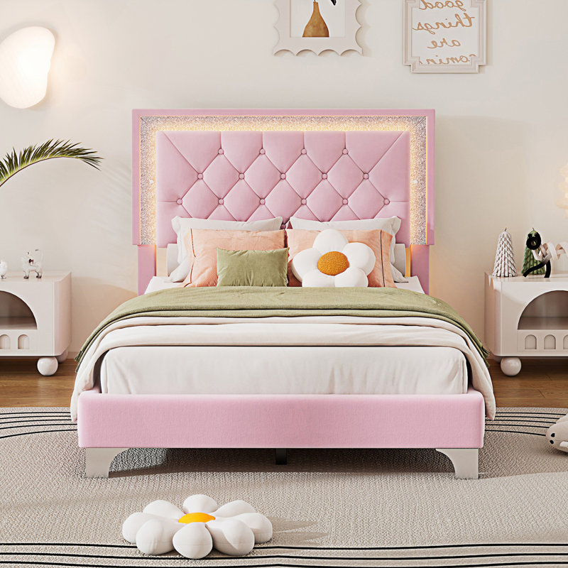 Structure de lit tapissier de taille simple moderne avec lumières DEL, lit plateforme avec tête de lit capitonnée