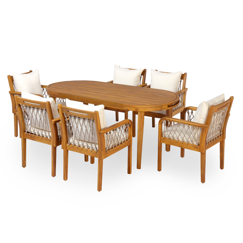 Ensemble de salle à manger 6 personnes en bois d'acacia avec plateau ovale à lattes et corde tissée Solyn, Oatmeal Rope/Teak