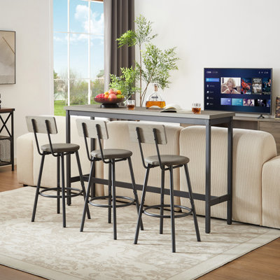 Long Bar Table Set with 3 PU Upholstered Bar Stools, Industrial Bar Table and Chairs for Kitchen Breakfast Table, Living Room, Banquet Hall, Rustic Gray and Black