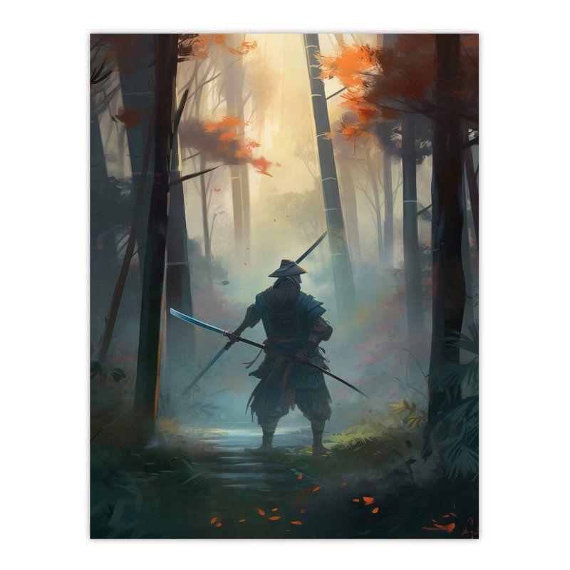 Wall Art Print Samurai Master Practicing Martial Arts Concept Painting Warrior in Foggy Autumn Bamboo Forest Landscape Poster