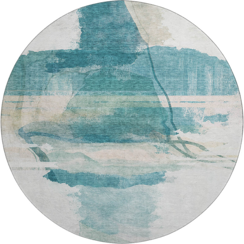 Premium Machine Washable Mayfield Abstract Rug, Teal, 8' Round