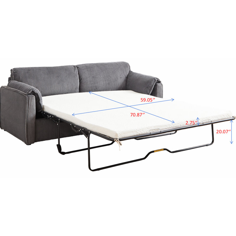 Futon canapé-lit Modern, lit de 79,13 pouces, revêtement en velours côtelé, structure en métal, centre d'attention pour le salon, canapé-lit extensible de poids maximal de 450 lb, confortable, tissu gris, structure, pour plus de confort, 450
