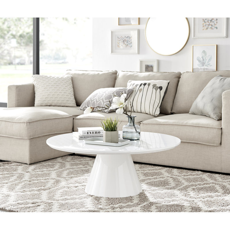 Palm Luxury Pedestal Round Coffee Table, White Gloss Top/White Base