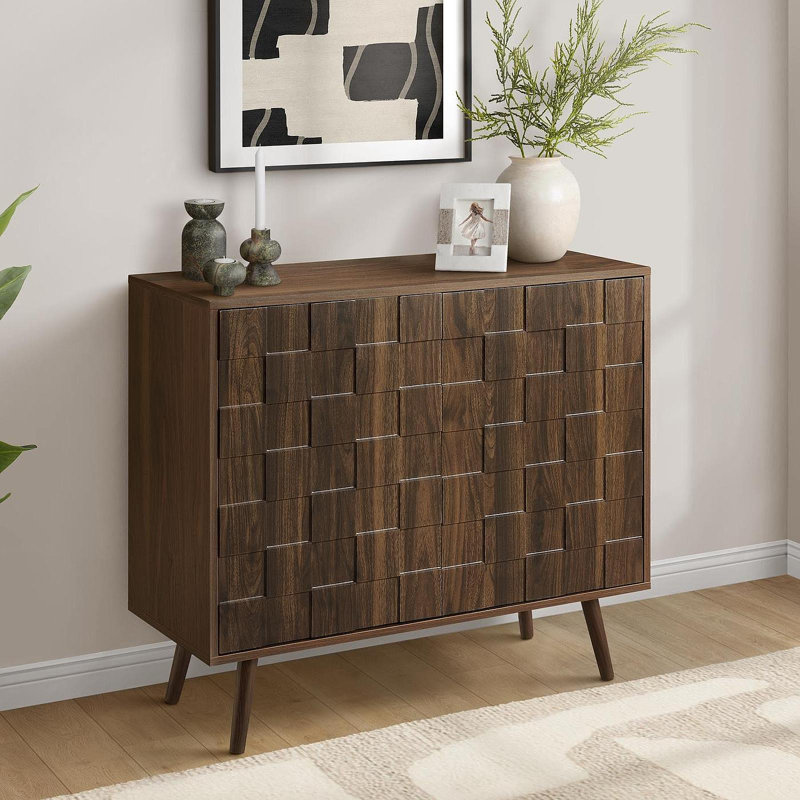 Commode décorative, 36 po de largeur, armoire 2 portes, rangement, décoratif, stratifié noyer foncé, style Mid-Century, transitionnel