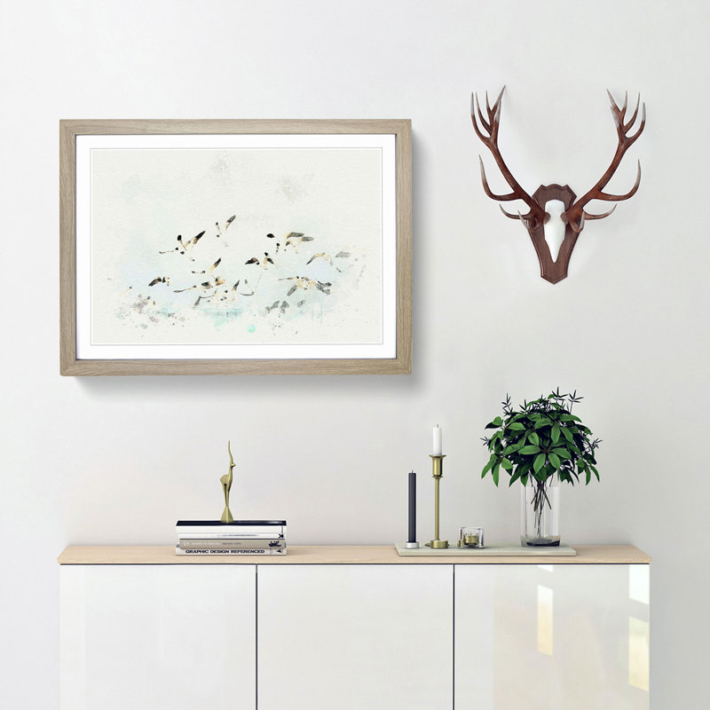 Flock of Seagulls over the Sea in Abstract - Picture Frame Graphic Art Print, 36cm H x 48cm W x 2cm D, Oak Framed