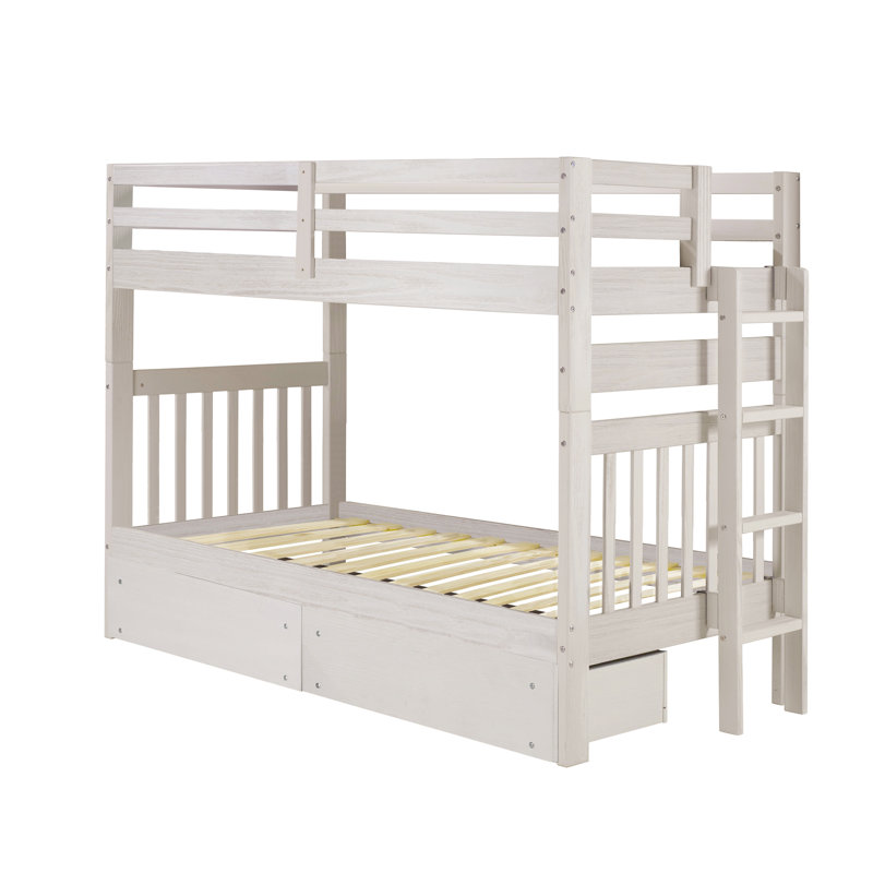 Ahmia Solid Wood Twin Over Twin Bunk Bed with Storage Drawers, White Mist