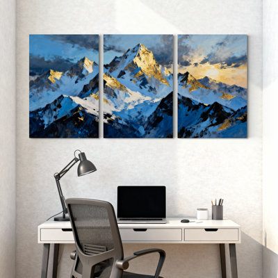 Scenic & Cityscapes Mountain Peak Snow Sunset Sky Reflection Canvas Art Set of 3 Canvas Wall Art Prints