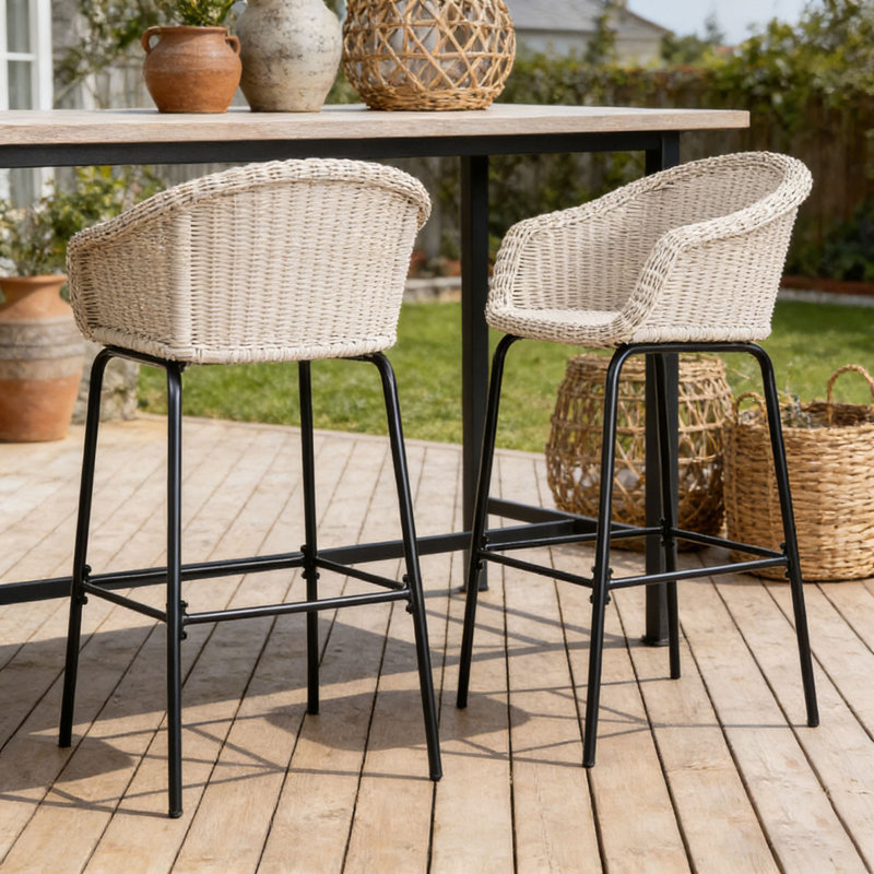 Tabouret de bar d'extérieur en osier de métal, Light Grey