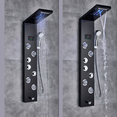 LED Shower Panel Stainless Steel Shower Tower with Temperature Display, 5-Function Shower Panel Tower System with Rainfall Waterfall Massage Body Jets Tub Spout Handheld Shower, Brushed Nickel