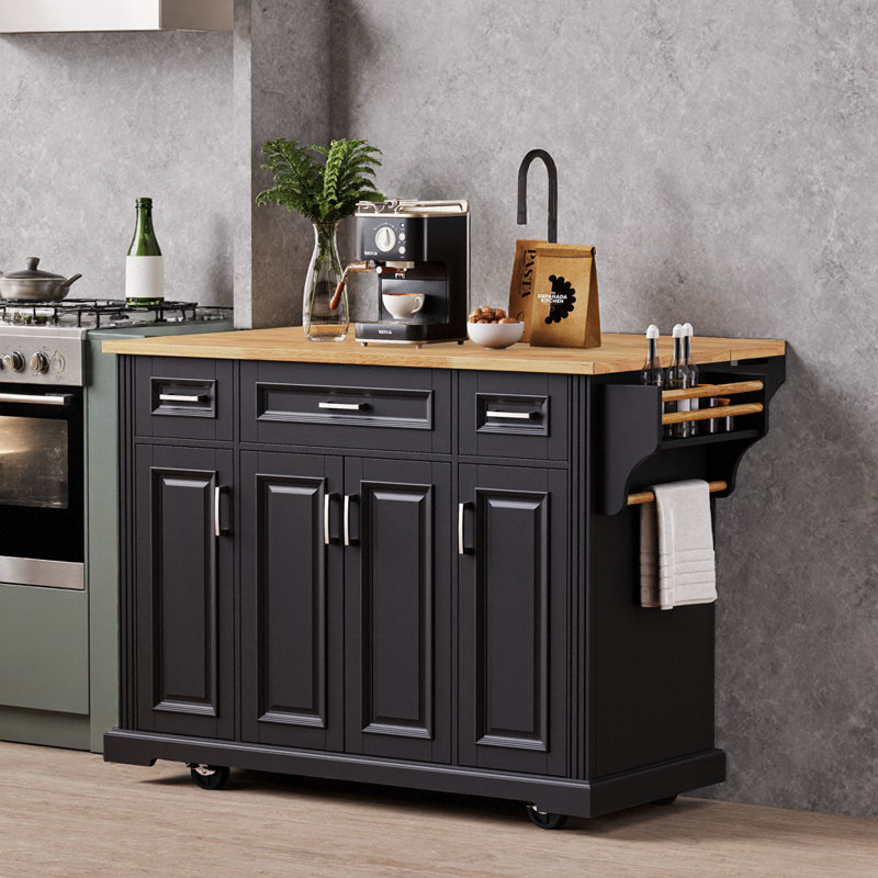 54" Black Farmhouse Kitchen Island with Drop Leaf, 4 Doors & 3 Drawers, Rubber Wood Top, Wheels, Black