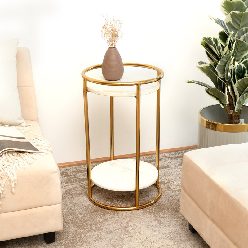 Marble Side Table with 2-Tier Gold Frame