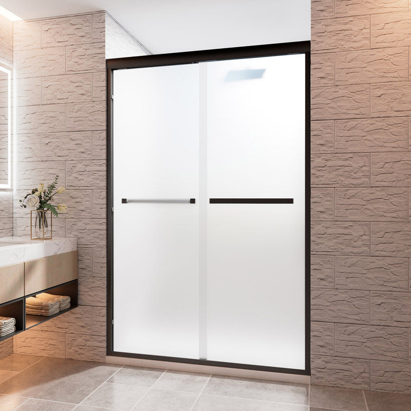 Porte de douche coulissante double semi-sans cadre l 44 à 48 po x H 72 po avec verre trempé nano 1/4 po (6 mm), cadre en aluminium, finition noir mat