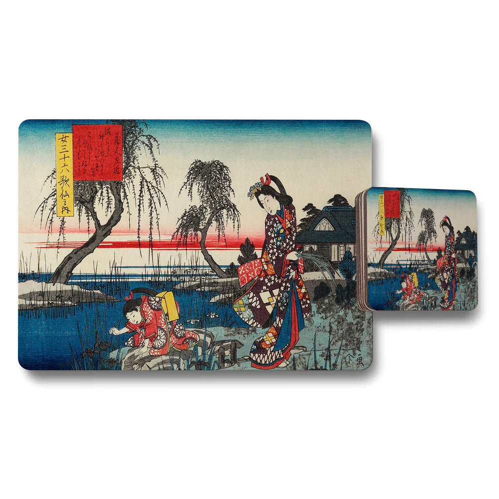 Japanese Ukiyoe Style Placemat Coaster Set With Kimono Figures