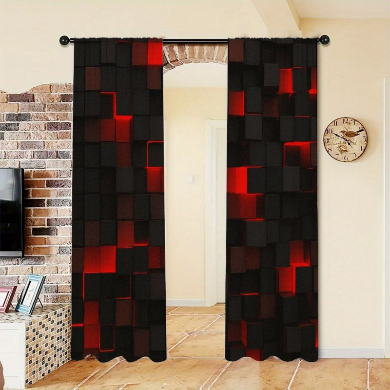 2 pièces de rideaux rouges noirs à motif de cubes abstraits, passe-tringle filtrant la lumière, style moderne, toutes saisons pour le salon, la chambre et la décoration intérieure