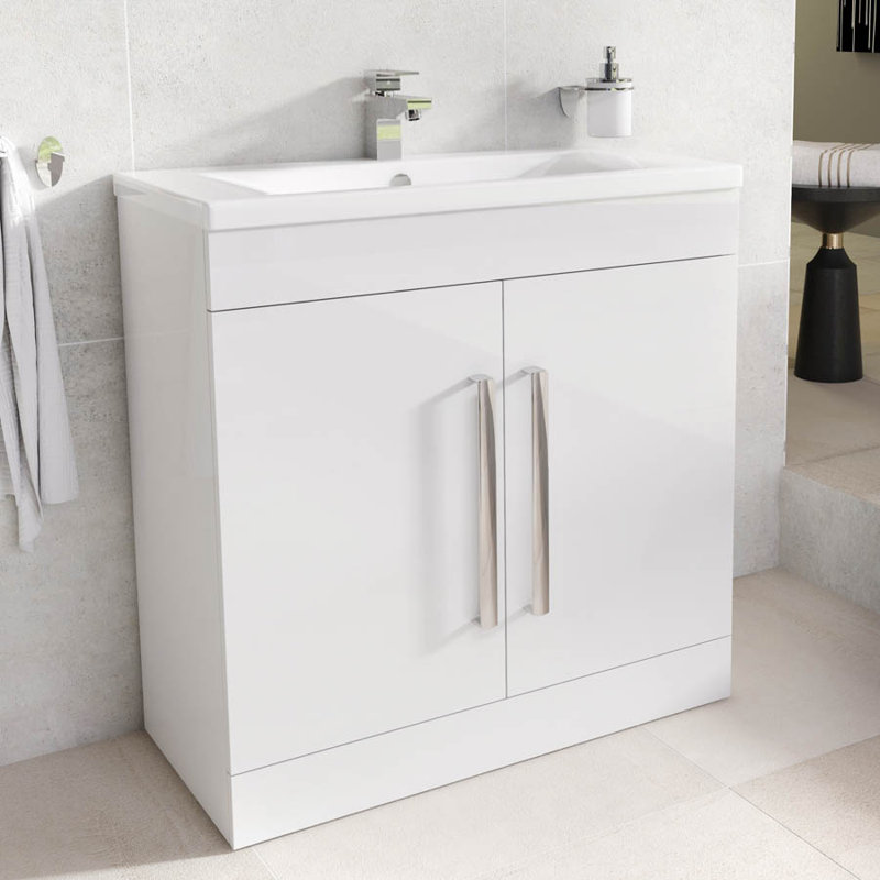 800mm Single Bathroom Vanity with Semi-Recessed Ceramic Basin, Gloss white