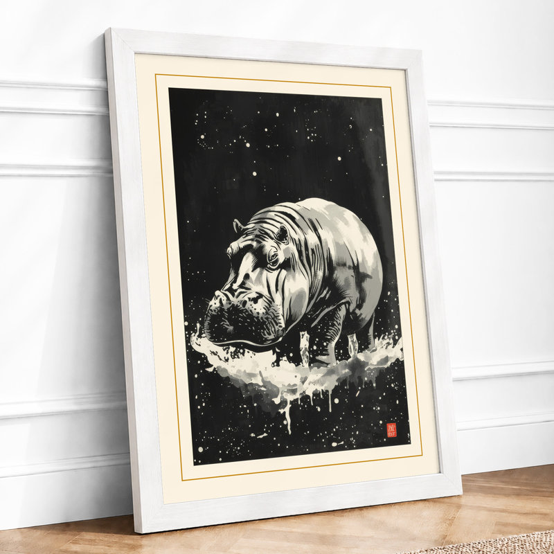 Hippopotamus Under Stars Japandi - Framed Print, A2 - 59.4 x 42.0 cm, White