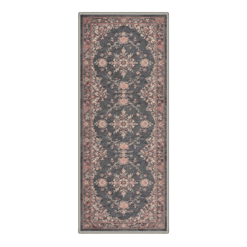 Tapis noir / rose à motif floral lavable à la machine Ocracoke, Tapis de couloir 2 pi x 6 pi