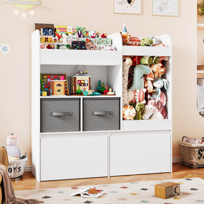 Rangement de boîtes à jouets 42,9 "avec bacs, grandes bibliothèques pour enfants et rangement pour animaux en peluche, bibliothèques pour enfants avec 2 tapis de jeu et 2 tiroirs de rangement, bibliothèque en bois à 3 niveaux pour chambre d'enfant, chambre de bébé (blanc)
