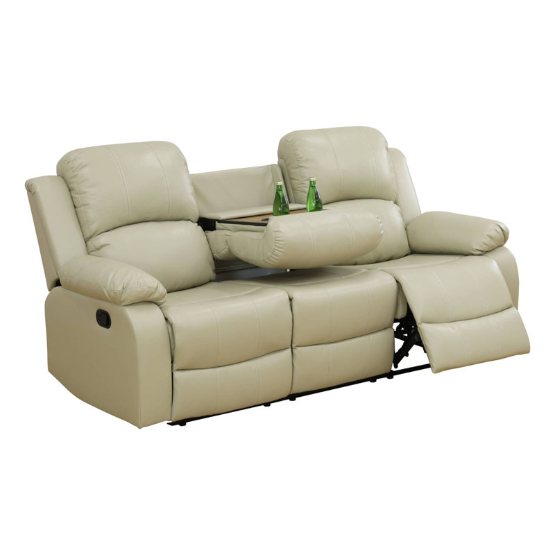 79" Premium Vegan Leather Reclining Living Room Sofa With Drop Down Table And Cup Holders, Beige