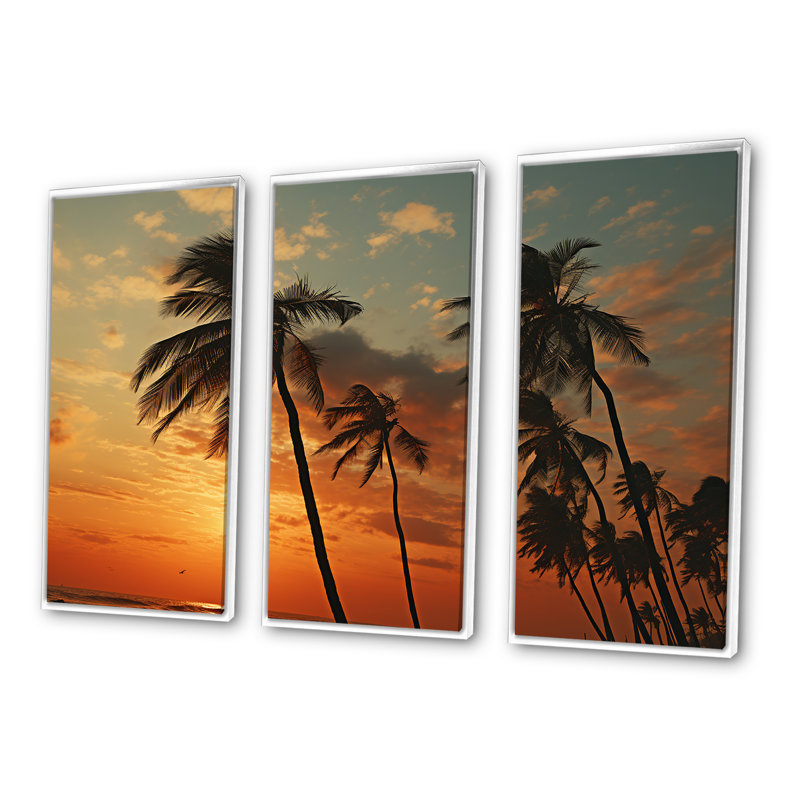 «Tropical Elegance Breeze Sunset», ensemble d'art mural sur toile palmiers et palmiers, Cadre flottant blanc