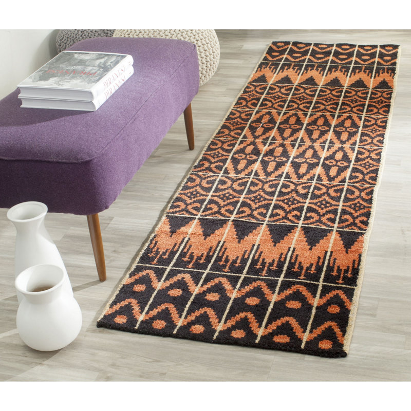 Alimatou Hand Knotted Wool/Cotton Southwestern Rug in Orange/Black, Runner 2'3" x 8'