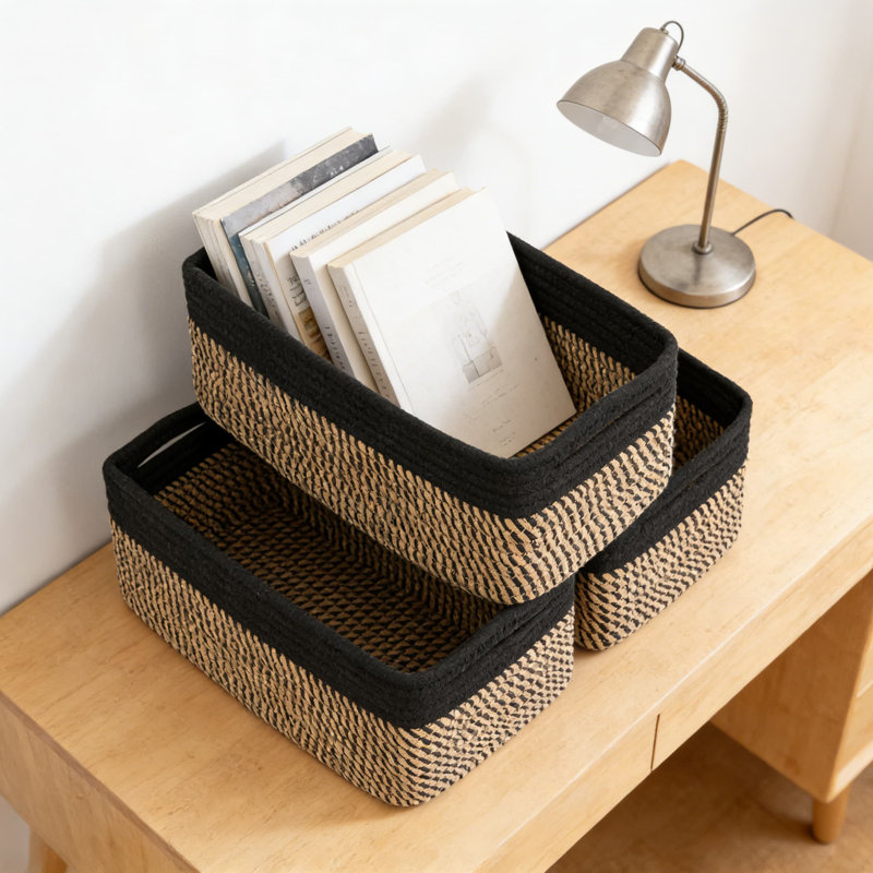 Woven Rope Storage Baskets 3-Pack, Collapsible Organizer Bins For Shelves, Closet, And Home Organization, Rectangular Decorative Baskets For Towels, Toys, And Essentials