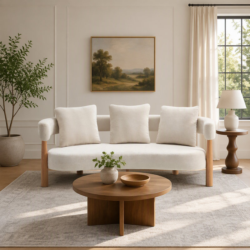 Canapé trois places incurvé moderne en chenille rembourrée avec coussins en mousse durable et système de soutien robuste aux pieds